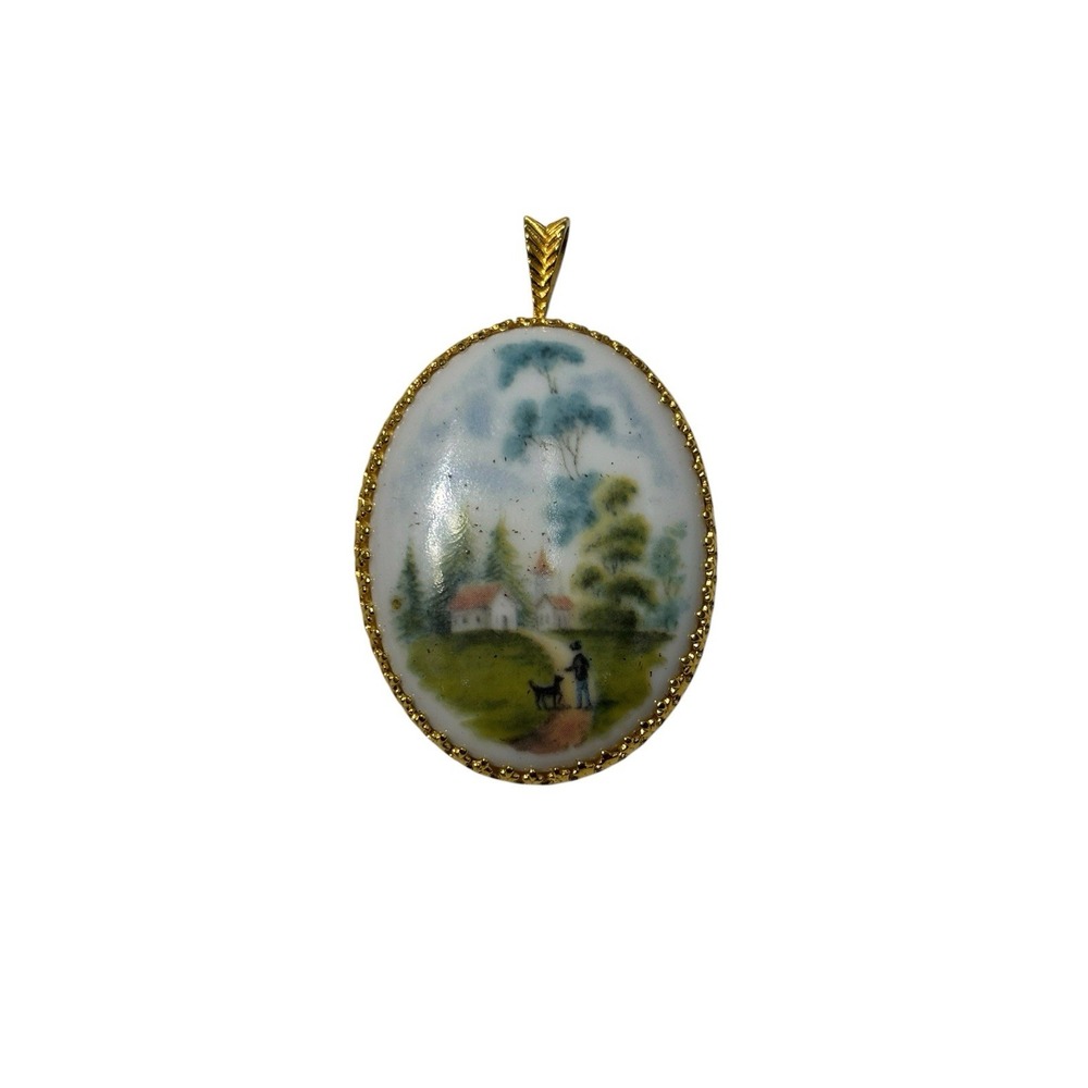 Vintage AK Kaiser W.Germany Hand Painted Porcelain Scenic Village Pendant